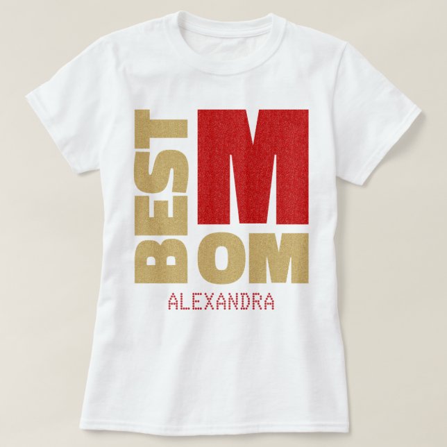 Best Mum Red Gold Glitter Name Customised T-Shirt (Design Front)