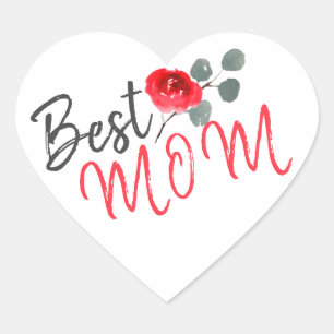 Best Mum Red Rose Watercolor Mother`s Day Heart Sticker