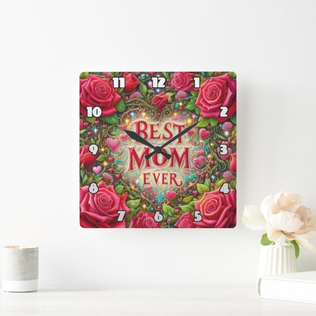 Best Mum: Roses, Hearts, Golden Glow Square Wall Clock (Home)