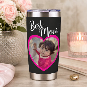 Best Mum Script Pink Heart Photo Black Insulated Tumbler