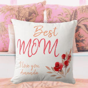 Best Mum Script Red Watercolor Rose Floral  Cushion
