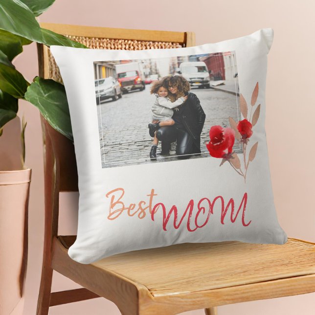Best Mum Script Watercolor Flower Photo Floral Cushion (Creator Uploaded)