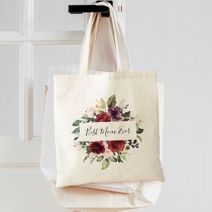 Best Mum Watercolor Burgundy Greenery Floral Frame Tote Bag