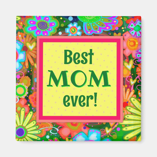 Best Mum Yellow Pretty Whimsical Hearts Floral Fun Magnet (Front)