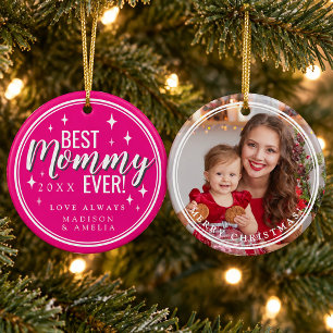 Best Mummy Ever Pink Script Retro Photo Christmas Ceramic Tree Decoration