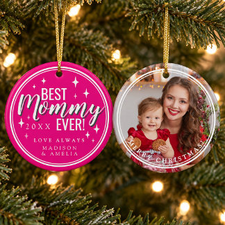 Best Mummy Ever Pink Script Retro Photo Christmas Ceramic Tree Decoration