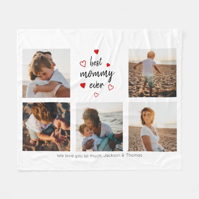 Best Mummy Ever Typography Red Hearts 5 Photos Fleece Blanket (Front (Horizontal))