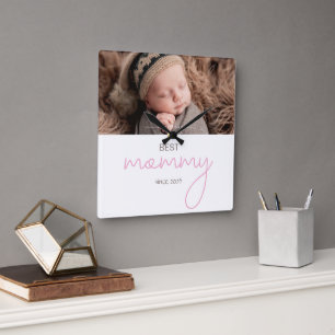 Best Mummy Since Photo Pink Script Heart Decor Square Wall Clock