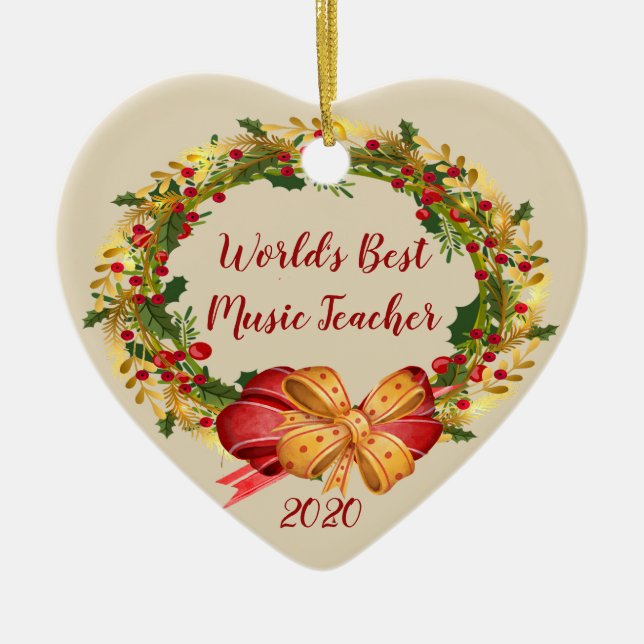 Best Music Teacher Antique Wreath Christmas Ceramic Tree Decoration (Front)
