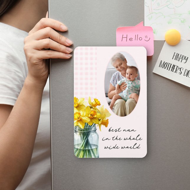 Best Nan Vertical Photo Pink Gingham and Daffodils Magnet (Fridge Magnet for the best Nan with daffodils and editable wording - perfect for Mother's Day)