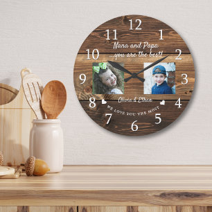 Best Nana And Papa Grandkids 2 Photo Collage Wood Large Clock