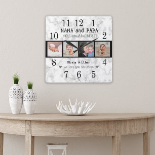 Best Nana And Papa Grandkids 4 Photo Marble Square Wall Clock