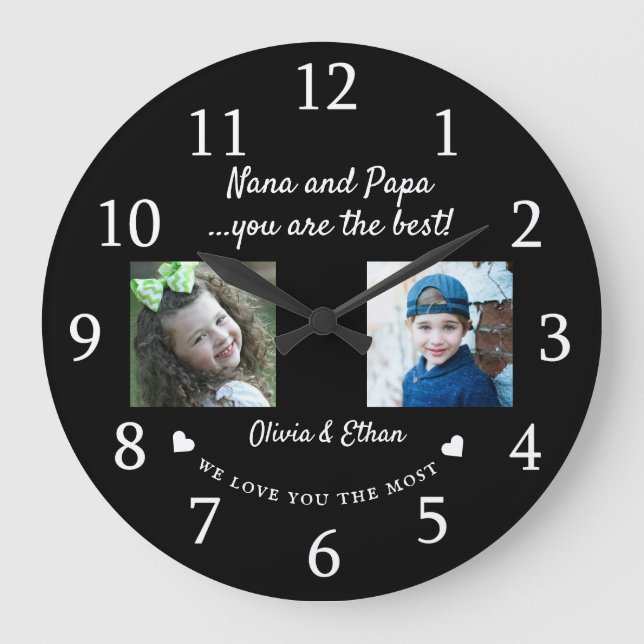 Best Nana And Papa Grandkids Photo Collage Black Large Clock (Front)