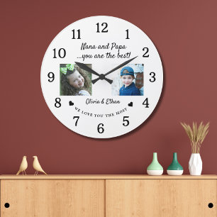 Best Nana And Papa Grandkids Photo Collage White Large Clock