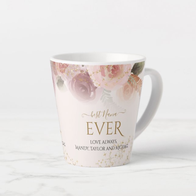 Best Nana Ever Elegant Blush Pink Floral Gold Star Latte Mug (Right Angle)