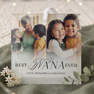 Best Nana Ever Personalised 2 Photo Collage Gift Glass Tree Decoration
