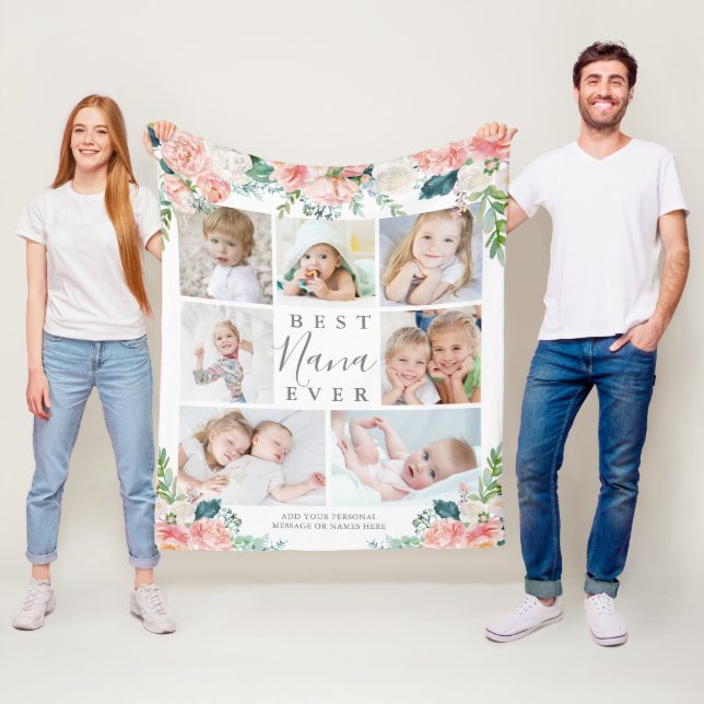 BEST NANA EVER Pink Floral 7 Photo Personalised Fleece Blanket (In Situ)