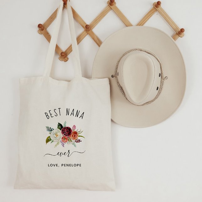 Best Nana Ever | Trendy Burgundy Boho Floral Tote Bag (Creator Uploaded)
