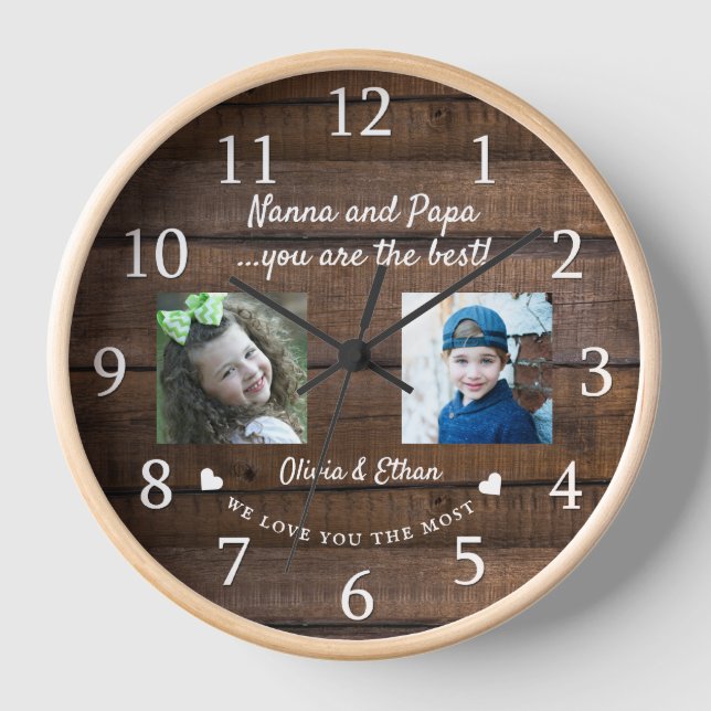 Best Nanna And Papa Grandkids Photo Collage Wood Clock (Front)