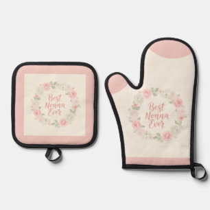 Best Nonna Ever Pink & Green Floral Wreath Oven Mitt & Pot Holder Set