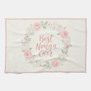 Best Nonna Ever Pink & Green Floral Wreath Tea Towel