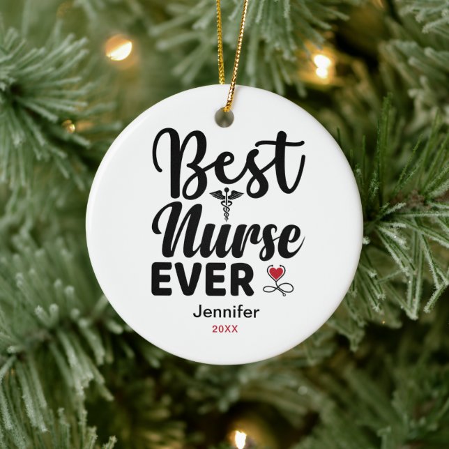 Best Nurse Ever Caduceus Heart Personalised Ceramic Tree Decoration (Tree)