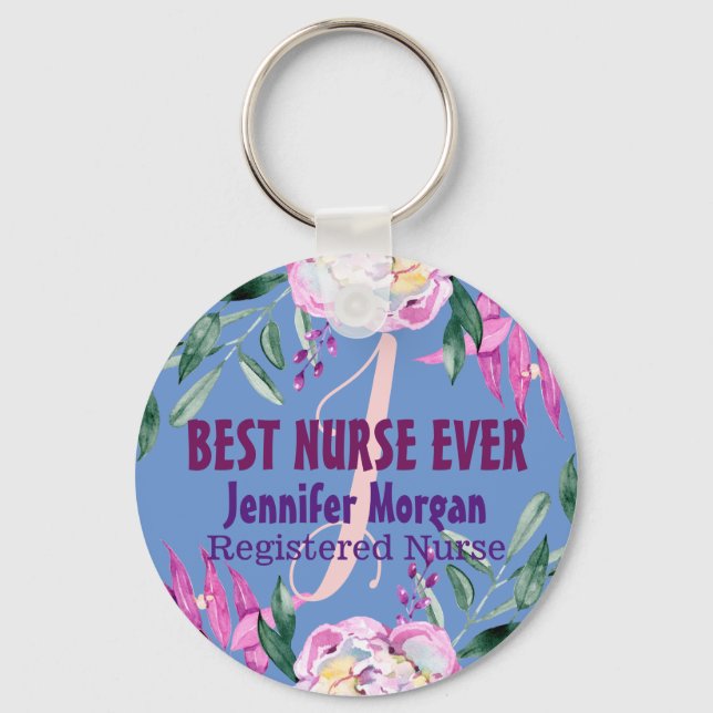 Best nurse ever monogram name floral custom key ring (Front)