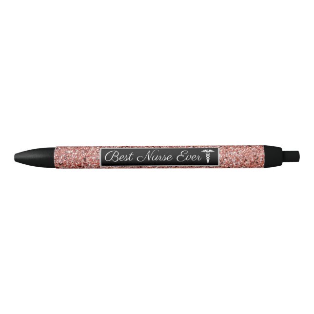 Best Nurse Ever Pink Rose Gold Faux Glitter Black Ink Pen (Front)