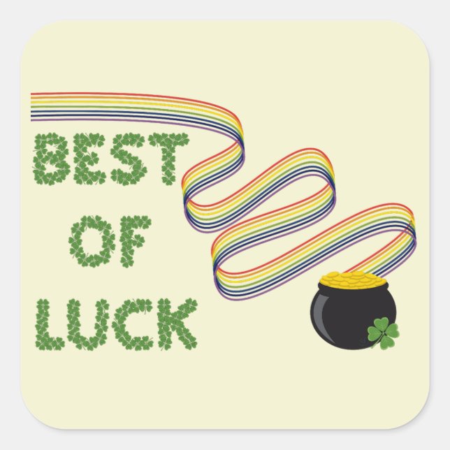 Best of Luck Greeting with Clovers and Rainbow Square Sticker (Front)