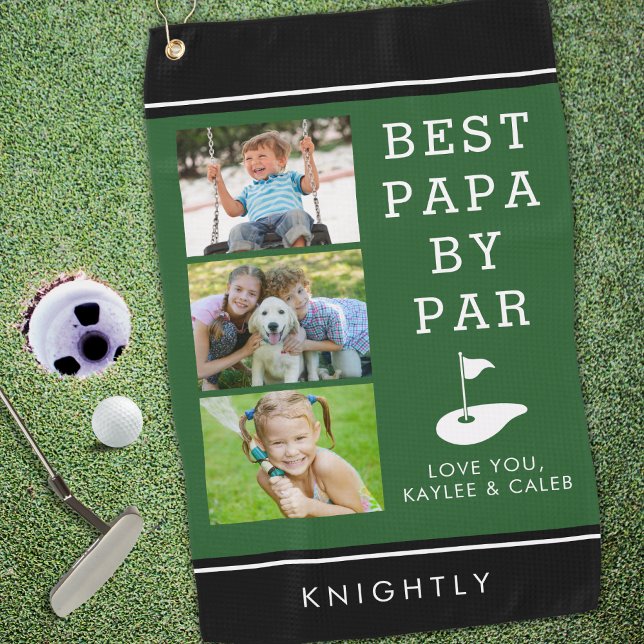 BEST PAPA BY PAR 3 Photo Black Green Personalised Golf Towel (Creator Uploaded)
