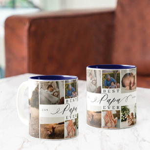 Best Papa Ever Elegant Script 8 Photo Collage Two-Tone Coffee Mug