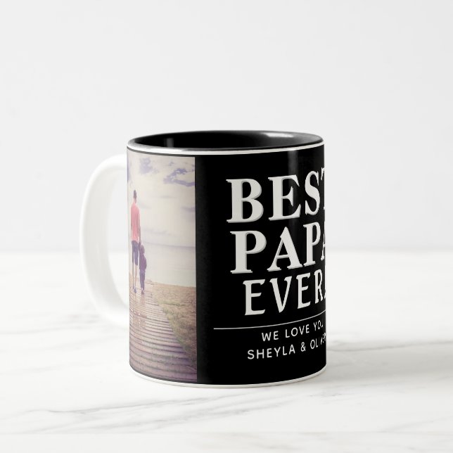 Best Papa Ever Father`s Day 2 Photo Collage Black Two-Tone Coffee Mug (Front Left)