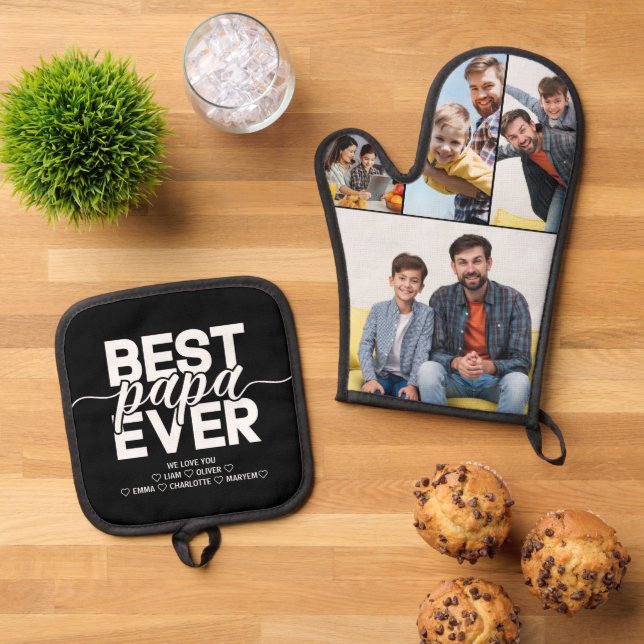 Best Papa Ever Fathers Day Photo Collage Keepsake Oven Mitt & Pot Holder Set (Top Down)