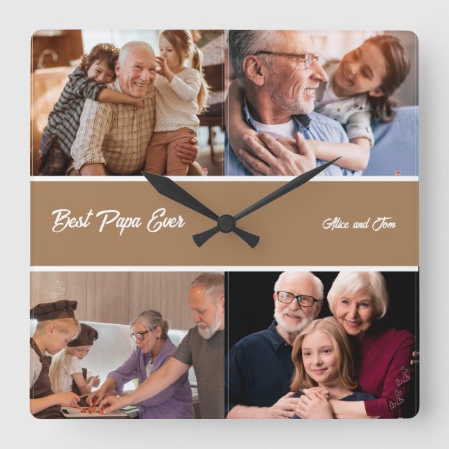 Best Papa Ever Grandfather 4 Photo Collage Square Wall Clock (Front)
