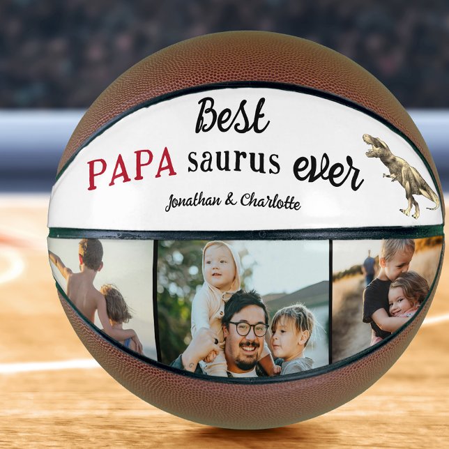 Best Papa Saurus Ever Photo Collage Basketball (Best papa saurus ever 3 photo collage kids names personalized basketball keepsake for dad)