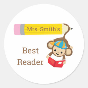 Best Reader Customisable Monkey Reading Book Classic Round Sticker