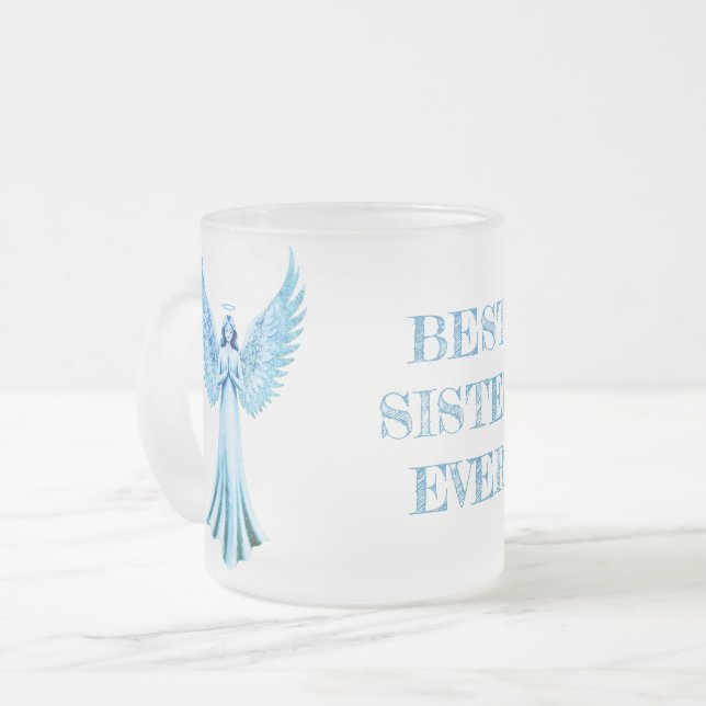 Best sister Ever | Blue Christmas Angel Frosted Glass Coffee Mug (Front Left)