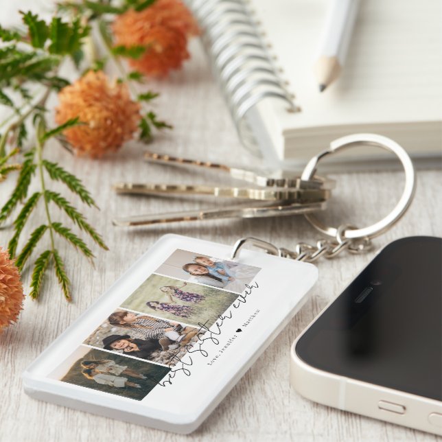 Best Sister Ever Modern Script 4 Photos Collage Key Ring (Front Right)