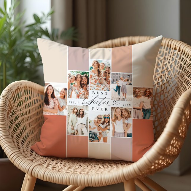 Best Sister Ever Sister Script Heart Photo Collage Cushion (Best Sister Ever Sister Script Heart Photo Collage Throw Pillow)