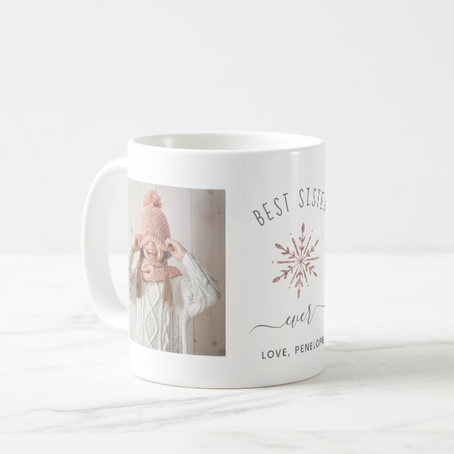 Best Sister Ever | Two Photo Rose Gold Snowflake Coffee Mug (Front Left)