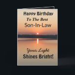 Best Son-In-Law Light Shines Bright Birthday Card<br><div class="desc">Express your wishes to your son-in-law for a happy day on an inspirational sunset birthday card with the verse “Your Light Shines Bright”. The minimal design is modern with bold colors of gold and black showing glowing water and a peaceful lake.</div>