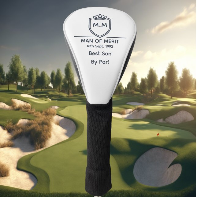 Best Son Monogram Initials Name Man Of Merit Golf Head Cover (Golf Head cover for son with golf course in background.)