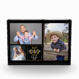 Best Step Dad Ever 3 Photo Collage Black And Gold  Block