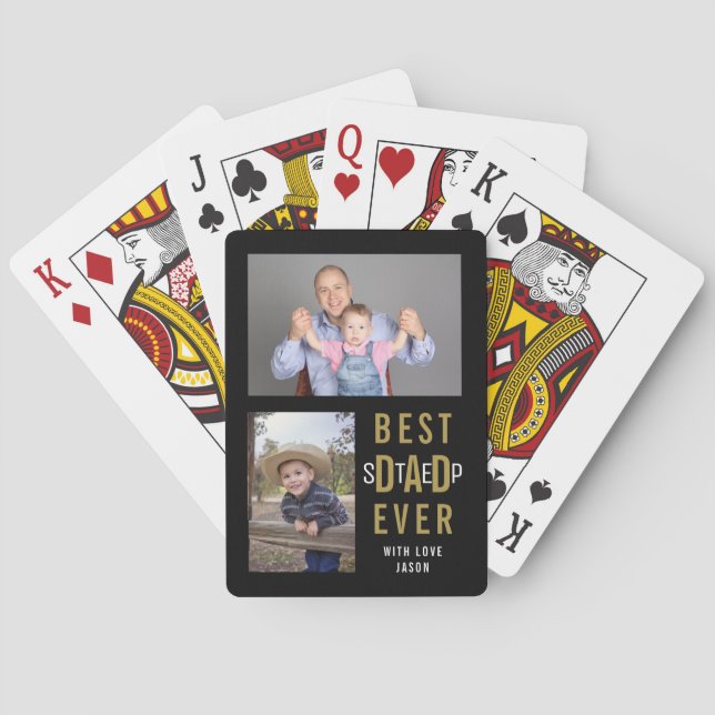 Best Step Dad Ever 4 Photo Collage Black And Gold Playing Cards (Back)