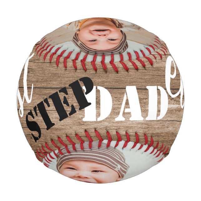 Best Step Dad Ever Rustic Wood Photo Collage Baseball (Back)