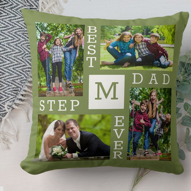 Best Stepdad Ever 4 Photo Green White Monogrammed Cushion (Creator Uploaded)