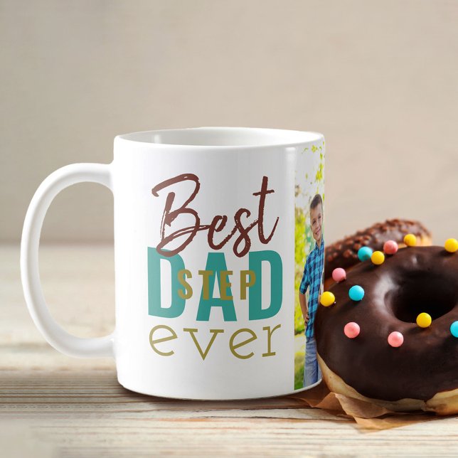 Best Stepdad Ever Teal Gold Typography and Photo Coffee Mug (Creator Uploaded)