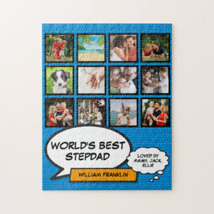 Best Stepfather, Stepdad 12 Photo Blue Fun Comic Jigsaw Puzzle