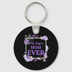 Best Super Mum Ever Violet Text with Violet Flower Key Ring