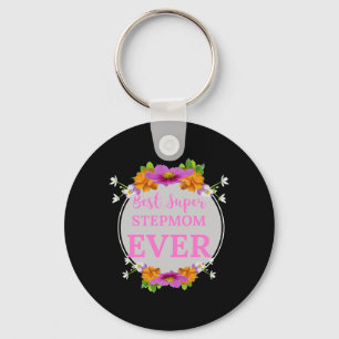 Best Super Stepmom Ever Pink Text with Orange Flow Key Ring